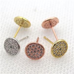 copper stud Earrings pave zircon, circle, mixed color, approx 8mm dia [FN10668]