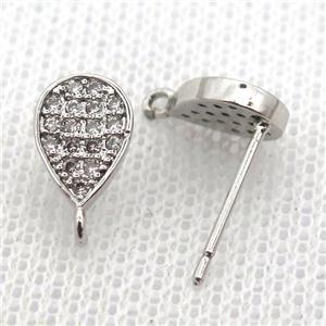 copper stud Earrings pave zircon, teardrop, platinum plated, approx 6-10mm [FN10669]