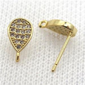 copper stud Earrings pave zircon, teardrop, gold plated, approx 6-10mm [FN10670]