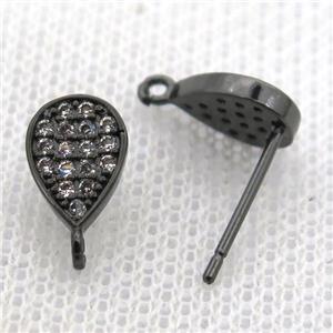 copper stud Earrings pave zircon, teardrop, black plated, approx 6-10mm [FN10671]