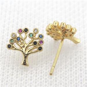 copper stud Earrings pave zircon, tree of life, gold plated, approx 10mm [FN10673]