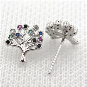 copper stud Earrings pave zircon, tree of life, platinum plated, approx 10mm [FN10674]