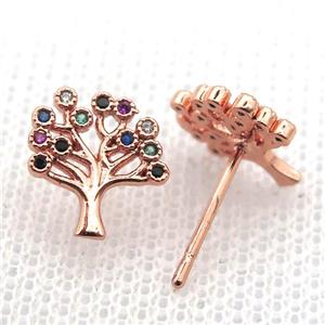 copper stud Earrings pave zircon, tree of life, rose gold, approx 10mm [FN10675]