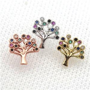 copper stud Earrings pave zircon, tree of life, mix color, approx 10mm [FN10676]
