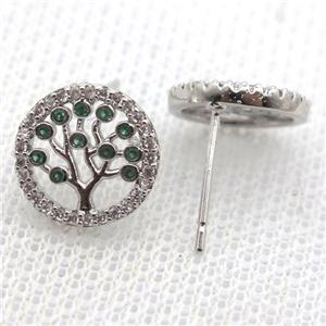 copper stud Earrings pave zircon, tree of life, platinum plated, approx 12mm dia [FN10677]