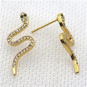 copper stud Earrings pave zircon, snake, gold plated, approx 12-25mm [FN10683]