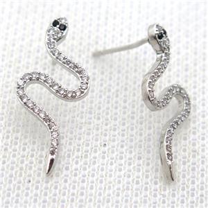 copper stud Earrings pave zircon, snake, platinum plated, approx 12-25mm [FN10684]