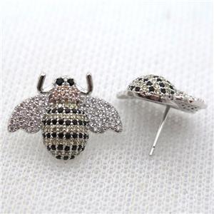 copper honeybee earring studs pave zircon, platinum plated, approx 16-20mm [FN10690]