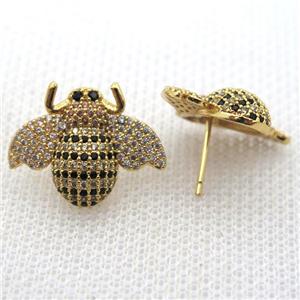 copper honeybee earring studs pave zircon, gold plated, approx 16-20mm [FN10691]