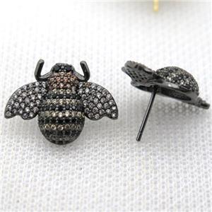 copper honeybee earring studs pave zircon, black plated, approx 16-20mm [FN10692]