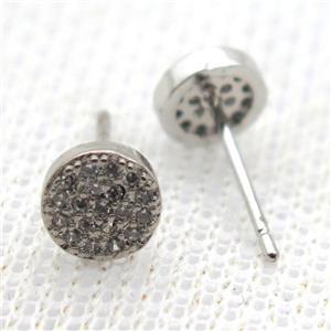 copper circle earring studs pave zircon, platinum plated, approx 6mm dia [FN10693]