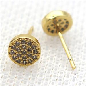 copper circle earring studs pave zircon, gold plated, approx 6mm dia [FN10694]