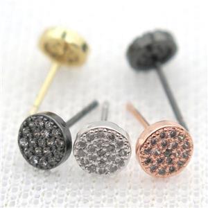 copper circle earring studs pave zircon, mixed color, approx 6mm dia [FN10697]