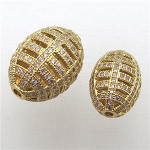 copper barrel beads pave zircon, hollow, gold plated, approx 12x16mm [FN10699-12X16MM]