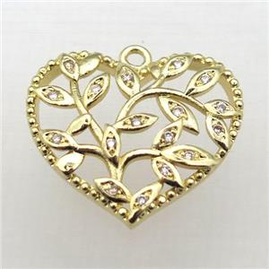 copper heart pendant pave zircon, gold plated, approx 21-23mm [FN10718]