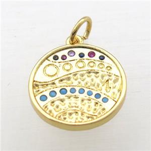 copper circle pendant pave zircon, gold plated, approx 15mm dia [FN10757]