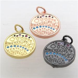copper circle pendant pave zircon, mixed color, approx 15mm dia [FN10760]