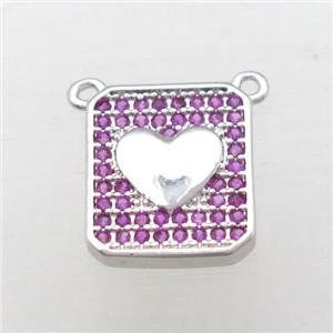 copper heart pendant pave zircon with 2loops, platinum plated, approx 10-13mm [FN10770]
