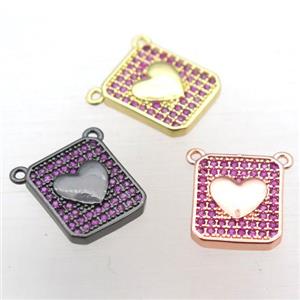 copper heart pendant pave zircon with 2loops, mixed color, approx 10-13mm [FN10774]