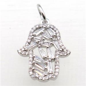 copper hamsahand pendant pave zircon, platinum plated, approx 15-20mm [FN10780]