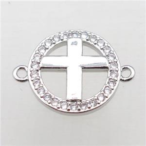 copper circle cross connector pave zircon, platinum plated, approx 12mm dia [FN10798]