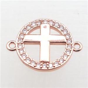 copper circle cross connector pave zircon, rose gold, approx 12mm dia [FN10800]