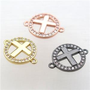 copper circle cross connector pave zircon, mixed color, approx 12mm dia [FN10802]