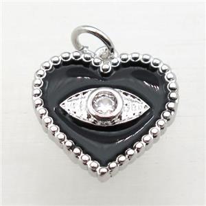 copper heart connector pave zircon whit black Enameling, platinum plated, approx 16mm [FN10811]