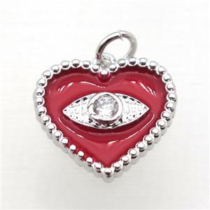 copper heart connector pave zircon whit red Enameling, platinum plated, approx 16mm [FN10813]