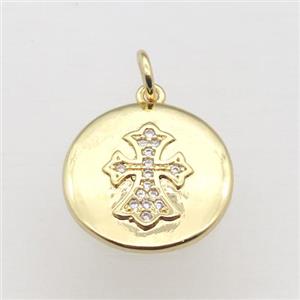 copper cross pendant pave zircon, gold plated, approx 15mm dia [FN10826]