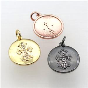 copper circle cross pendant pave zircon, mixed color, approx 15mm dia [FN10829]