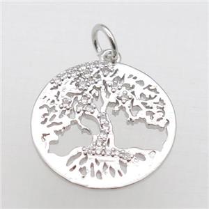 copper tree pendant pave zircon, platinum plated, approx 18mm dia [FN10840]