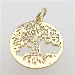 copper tree pendant pave zircon, gold plated, approx 18mm dia [FN10841]