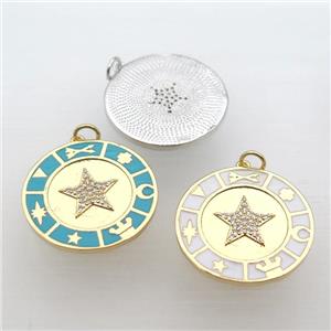 copper circle pendant pave zircon with Enameling, mixed color, approx 25mm dia [FN10847]