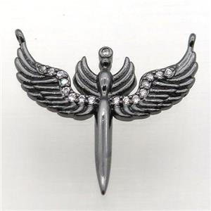 copper pendant pave zircon, angel wing, black plated, approx 27-22mm [FN10851]