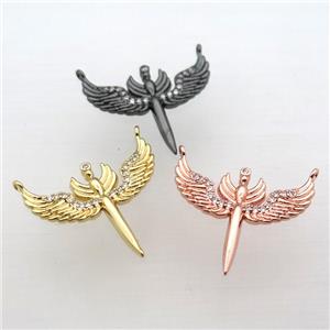 copper pendant pave zircon with 2loops, angel wing, mixed color, approx 27-22mm [FN10852]