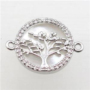 copper circle pave zircon, tree of life, platinum plated, approx 16mm dia [FN10873]