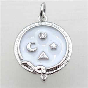 copper circle pendant pave zircon with enameling, platinum plated, approx 16mm dia [FN10933]