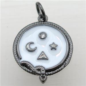 copper circle pendant pave zircon with enameling, black plated, approx 16mm dia [FN10936]