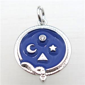 copper circle pendant pave zircon with enameling, platinum plated, approx 16mm dia [FN10938]