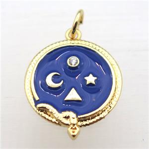 copper circle pendant pave zircon with enameling, gold plated, approx 16mm dia [FN10939]