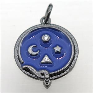 copper circle pendant pave zircon with enameling, black plated, approx 16mm dia [FN10941]