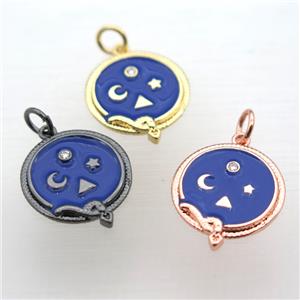 copper circle pendant pave zircon with blue enameling, mix color, approx 16mm dia [FN10942]