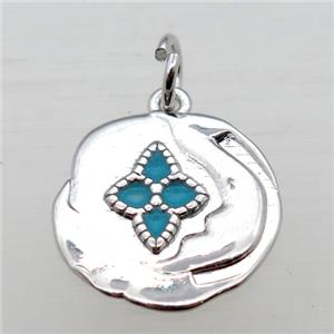copper circle pendant with enameling, platinum plated, approx 15mm dia [FN10953]