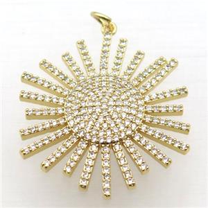 copper sun pendant pave zircon, gold plated, approx 32mm dia [FN11025]