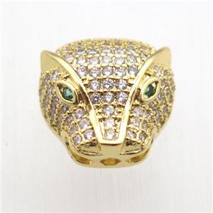 copper pantherhead beads paved zircon, gold plated, approx 10-12mm [FN11143]