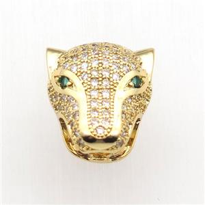 copper leopardhead beads paved zircon, gold plated, approx 14-15mm [FN11146]