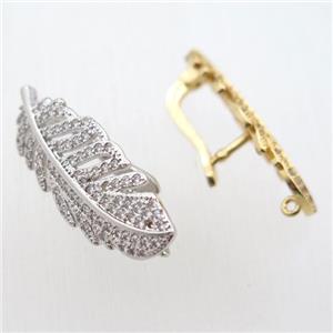 copper leaf Latchback Earrings paved zircon with loop, platinum plated, approx 12-30mm [FN11190]
