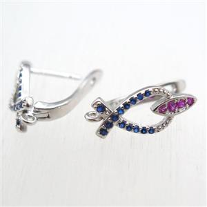 copper Latchback Earrings paved zircon with loop, platinum plated, approx 12-18mm [FN11238]