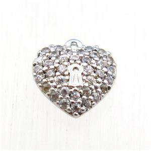 copper heart pendant paved zircon, platinum plated, approx 8mm dia [FN11276]